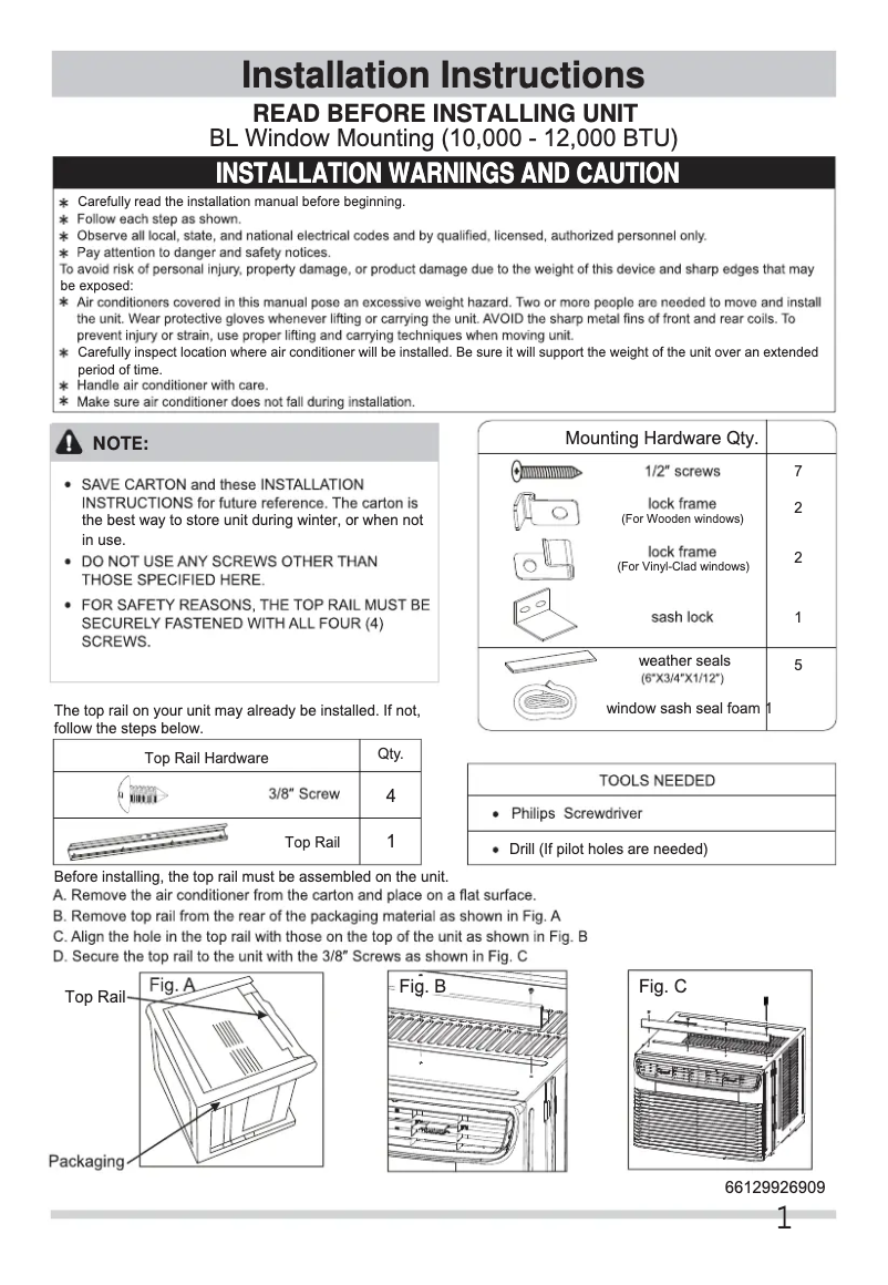 Page 1 de la notice Guide d'installation Frigidaire FFRA102ZA1