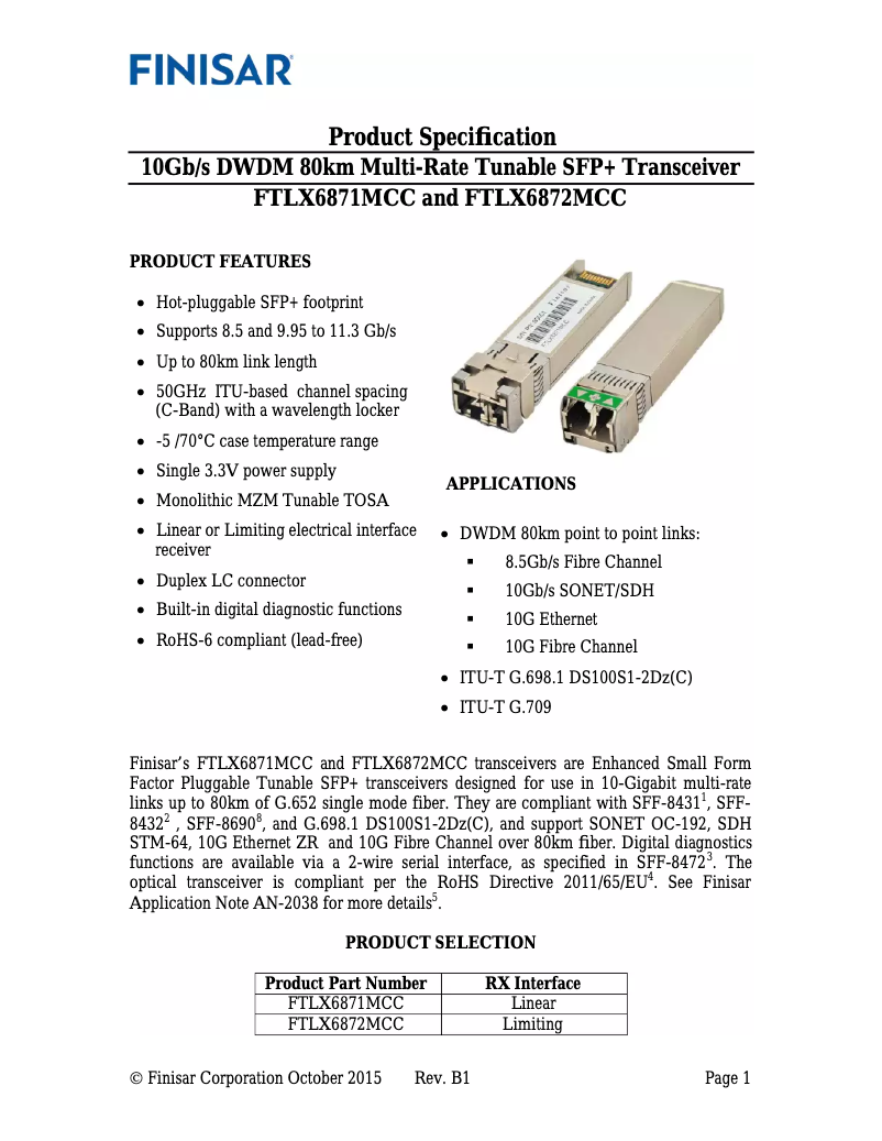 Page 1 de la notice Manuel utilisateur Finisar FTLX6872MCC