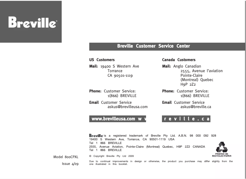 Page 1 de la notice Manuel utilisateur Breville 800CPXL