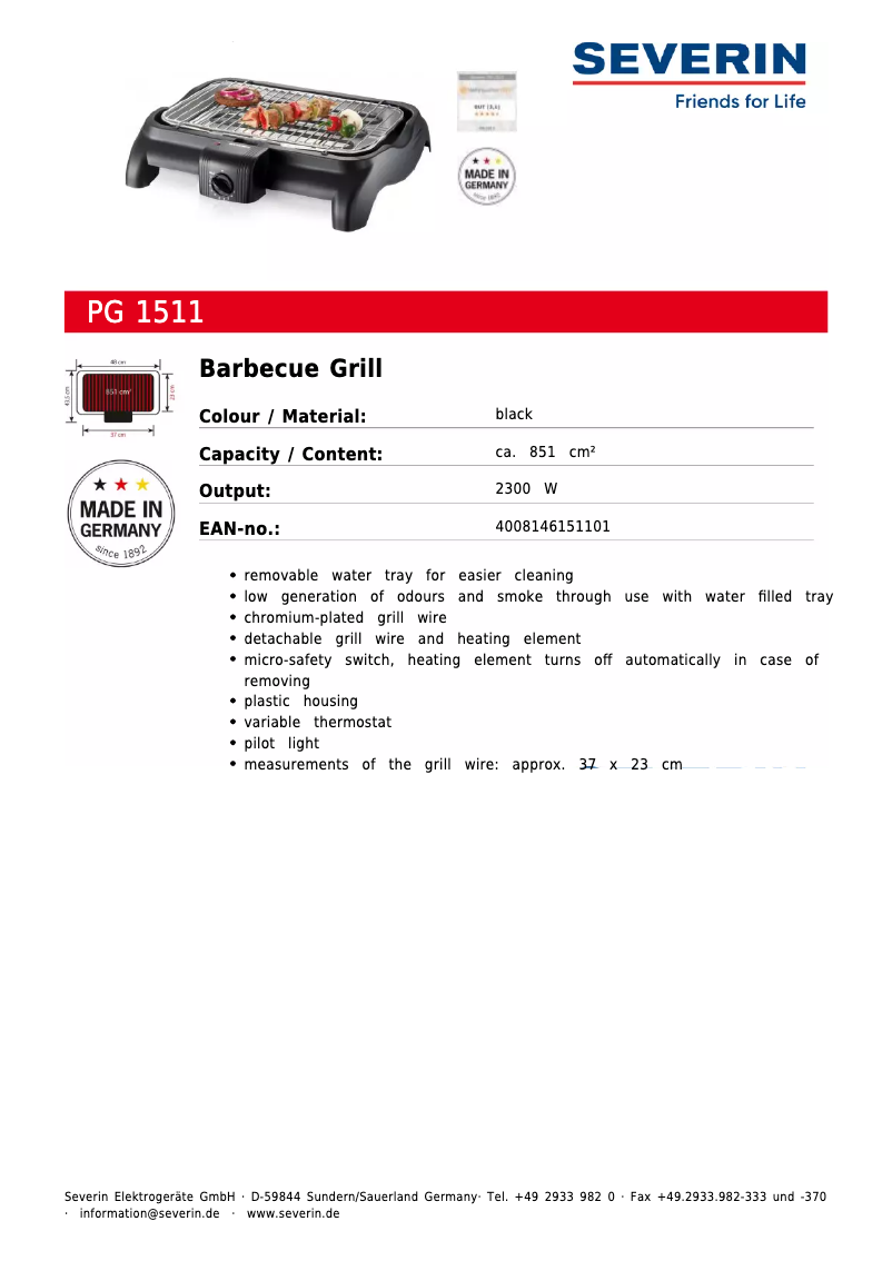 Page 1 de la notice Fiche technique Severin PG 1511