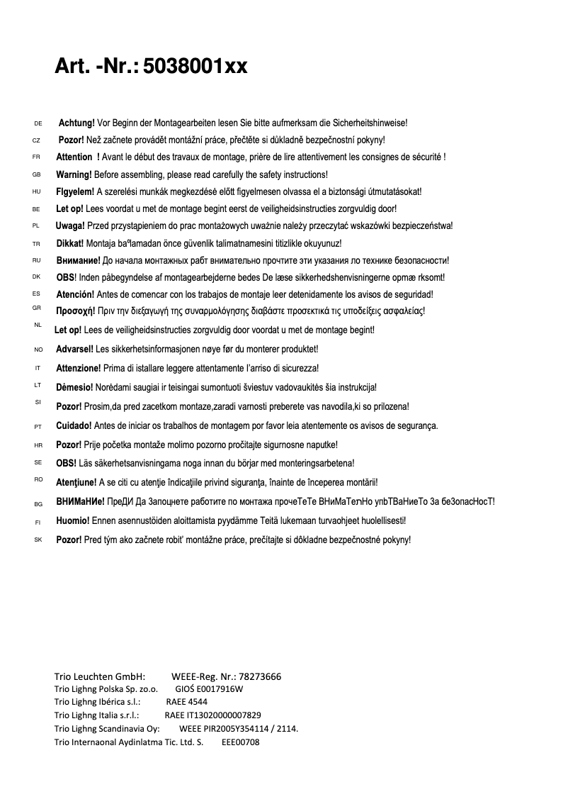 Page 1 de la notice Manuel utilisateur Trio Lighting Birte 503800162