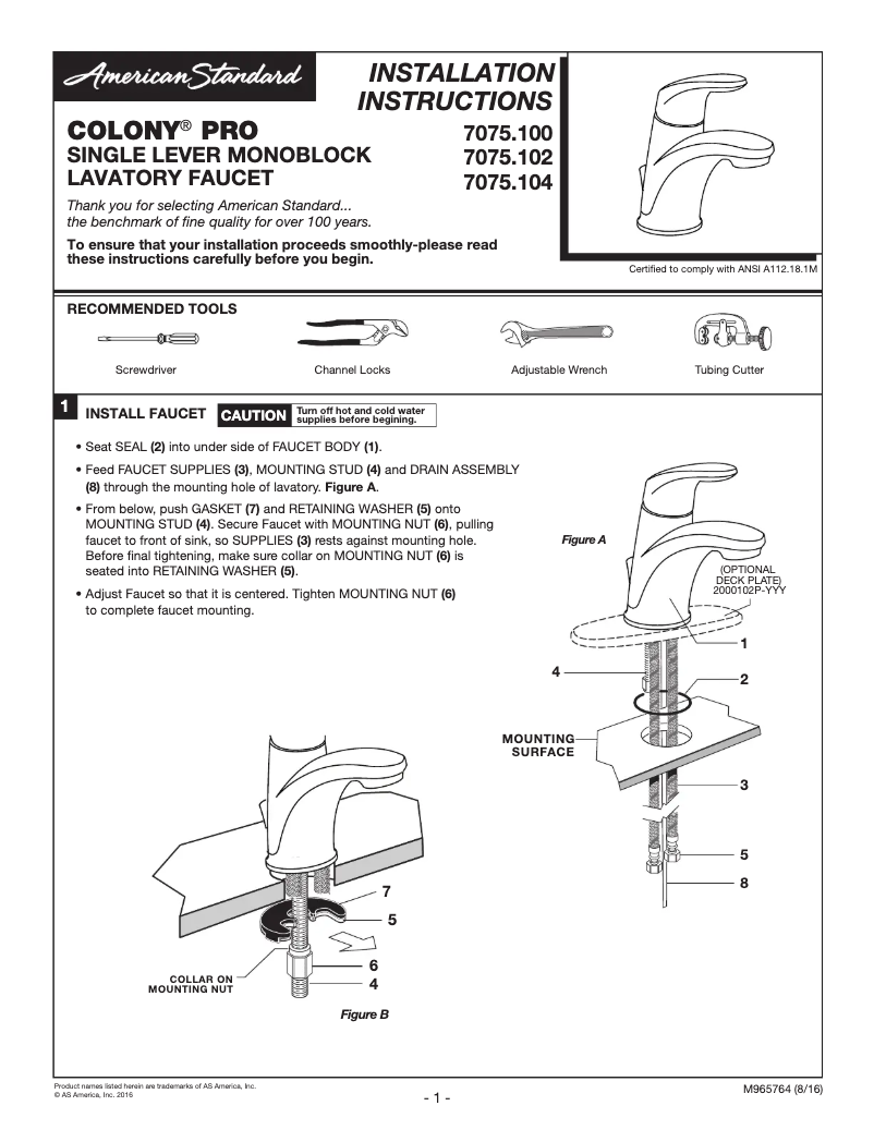 Page n°1 - Manuel utilisateur American Standard 7075.100.002