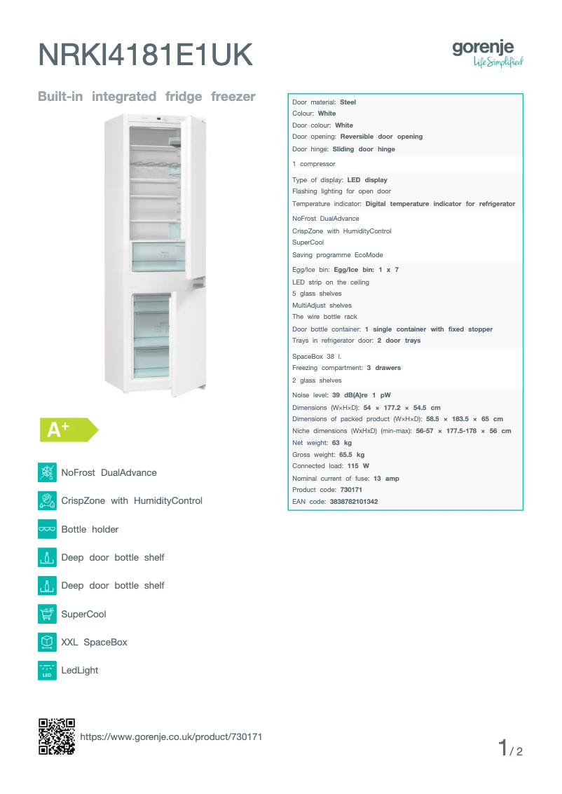Page n°1 - Fiche technique Gorenje NRKI4181E1UK