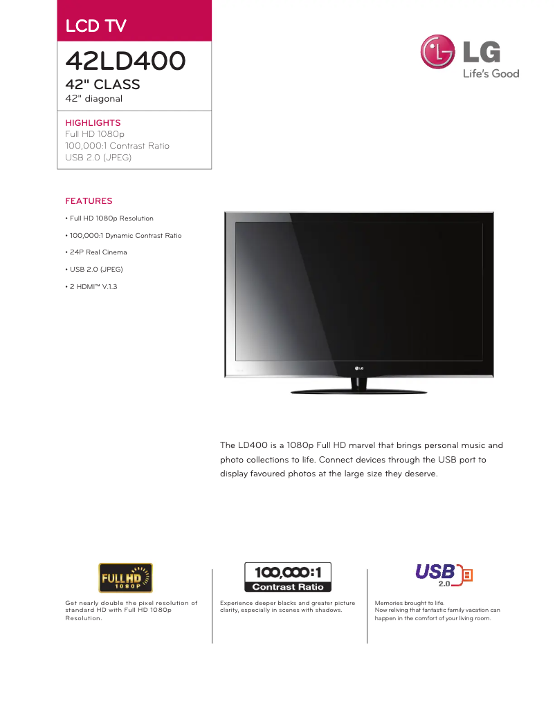 Page 1 de la notice Fiche technique LG 42LD400