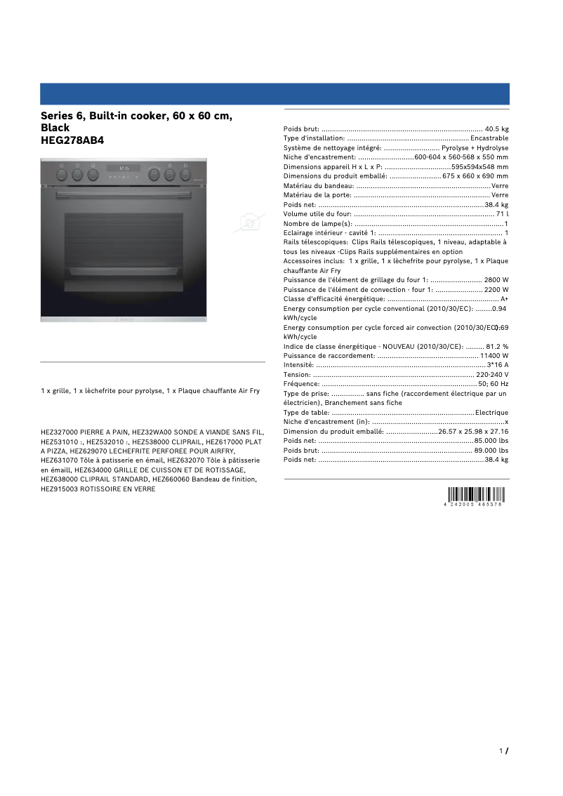 Page 1 de la notice Fiche technique Bosch HEG278AB4