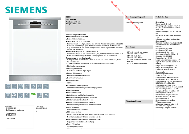 Page n°1 - Manuel utilisateur Siemens SN536S01KE