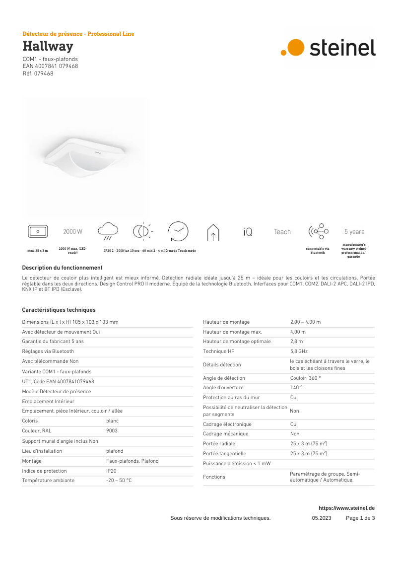 Page 1 de la notice Fiche technique Steinel Hallway COM1