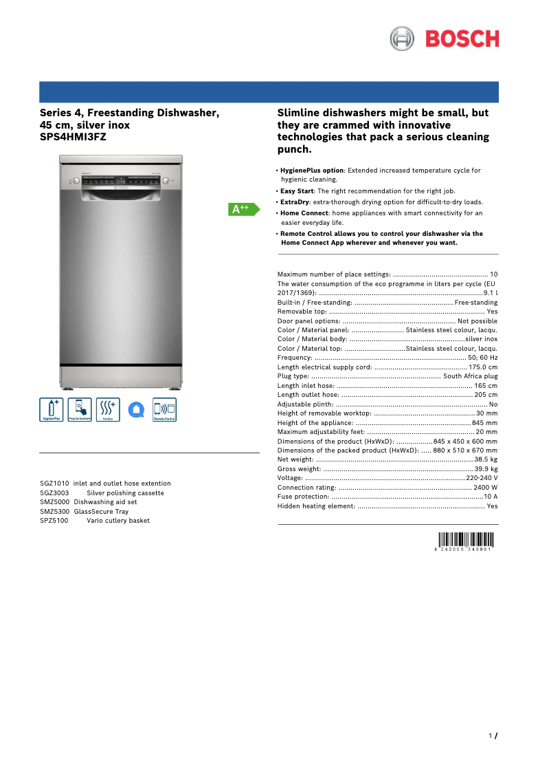 Page n°1 - Fiche technique Bosch SPS4HMI3FZ