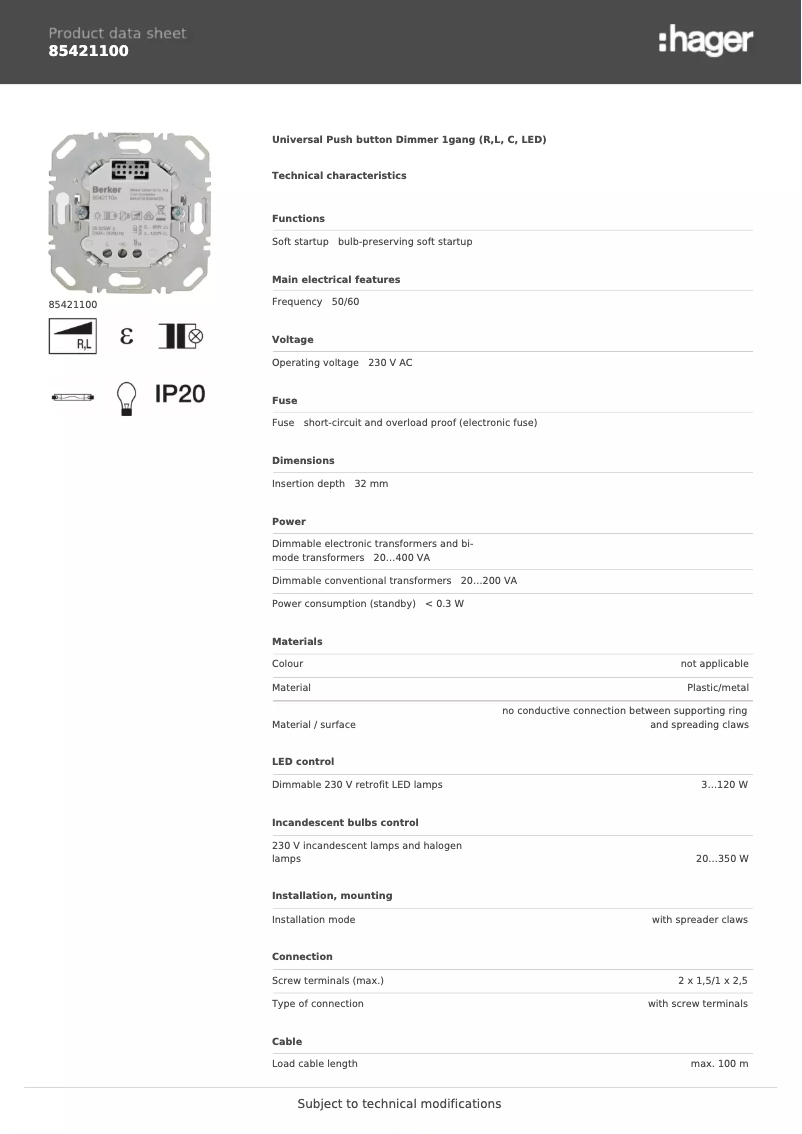 Página 1 del manual Ficha técnica Hager 85421100