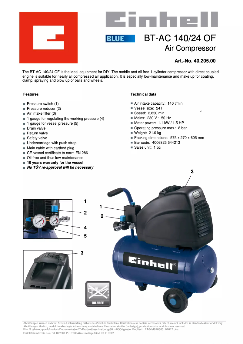 Página 1 del manual Manual de usuario Einhell BT-AC 140/24 OF