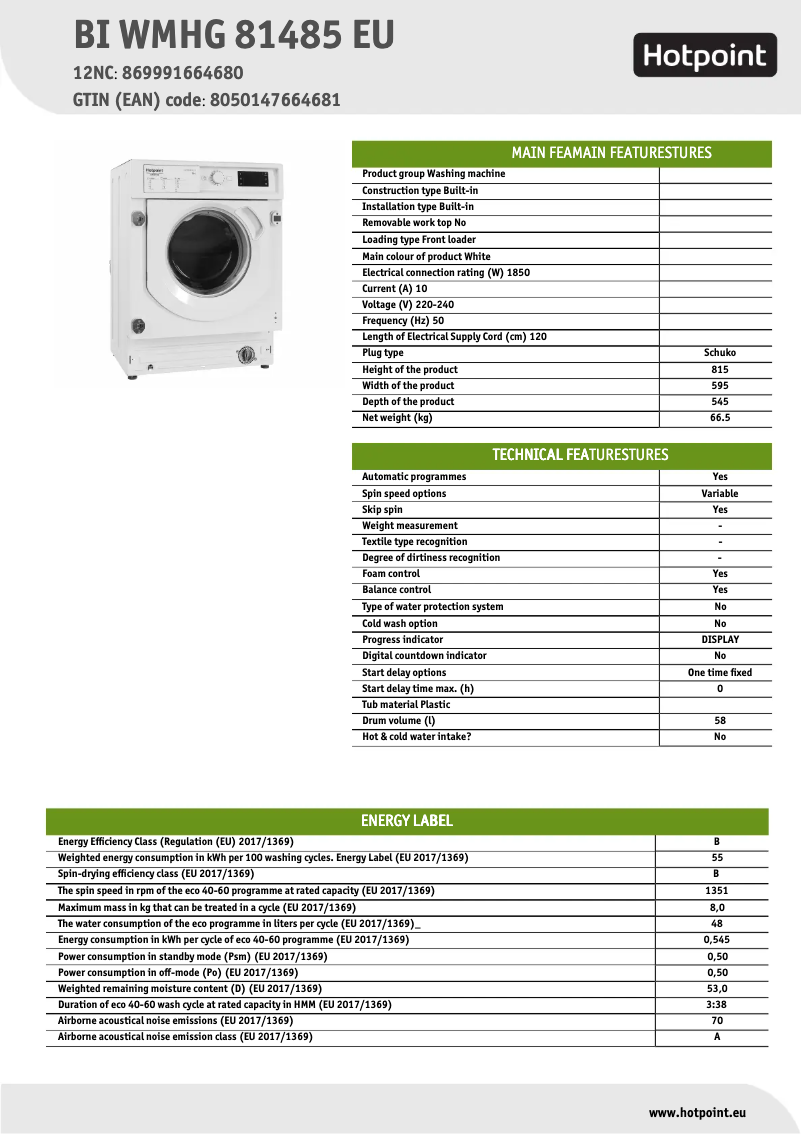 Page n°1 - Fiche technique Hotpoint BI WMHG 81485 EU