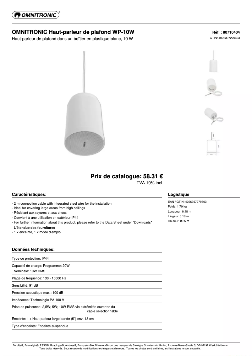 Page 1 de la notice Fiche technique Omnitronic WP-10W