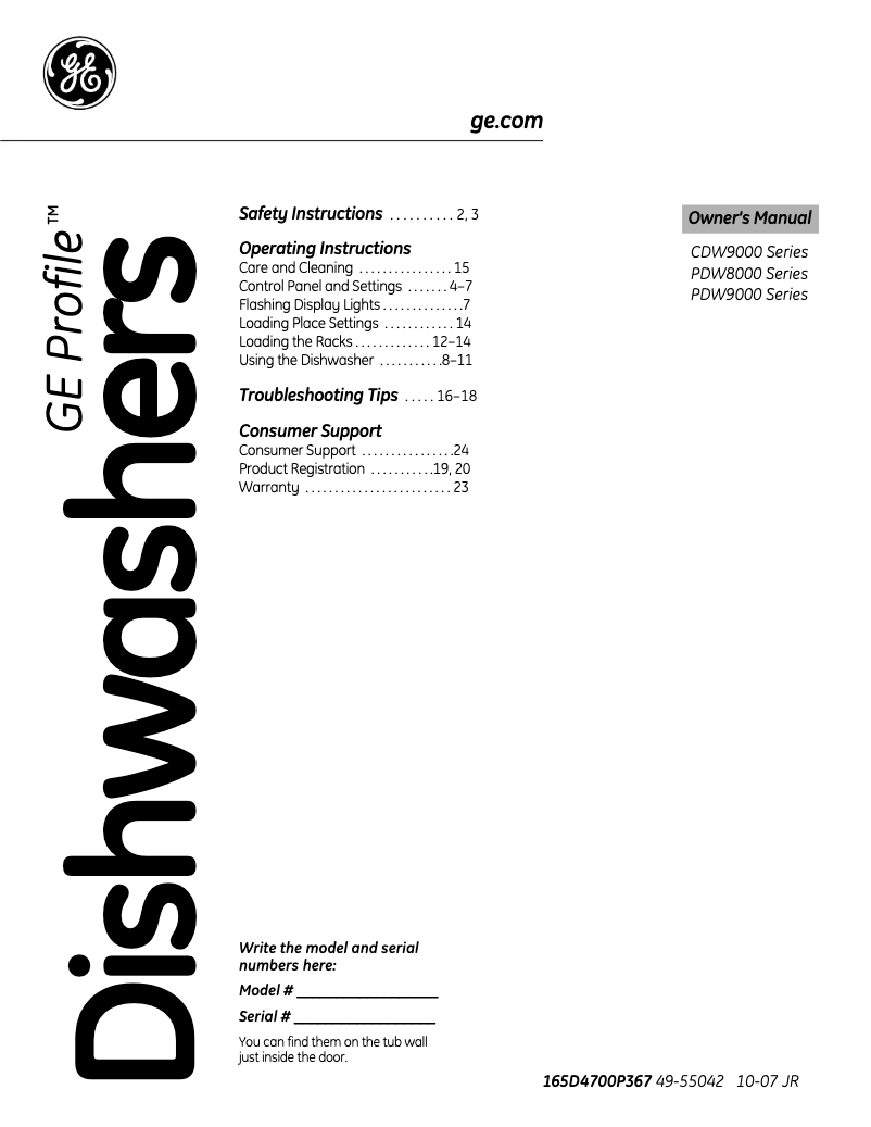 Page n°1 - Manuel d'utilisation et d'entretien GE Profile PDW8700NWW