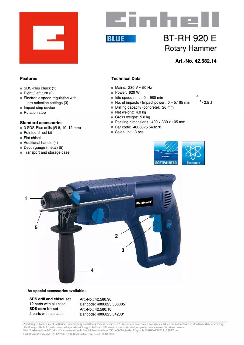 Page n°1 - Fiche technique Einhell BT-RH 920 E