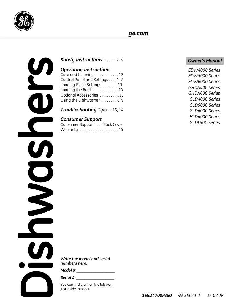 Page n°1 - Manuel d'utilisation et d'entretien GE GLD5850LCS