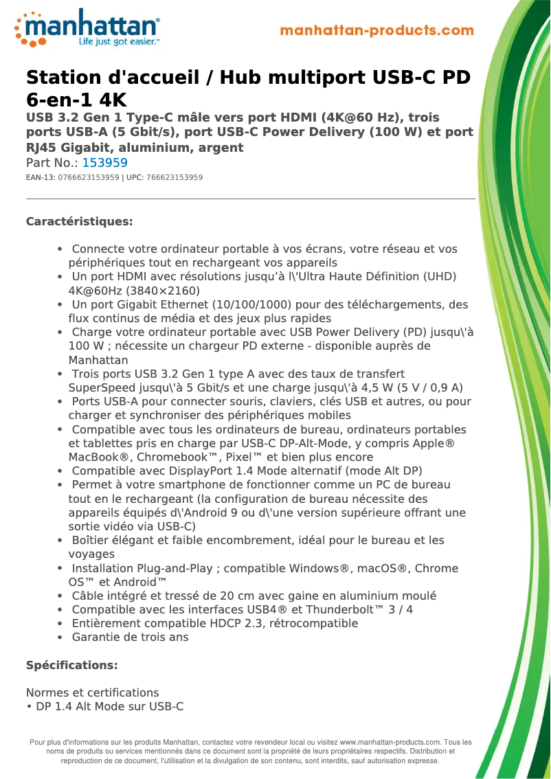 Page 1 de la notice Fiche technique Manhattan 153959