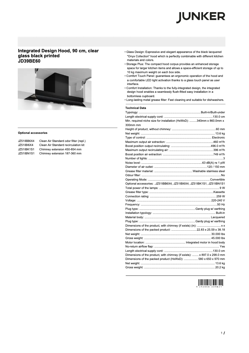 Page n°1 - Fiche technique Junker JD39BE60