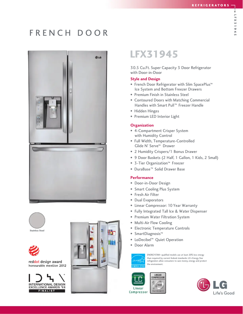 Page 1 de la notice Fiche technique LG LFX31945ST