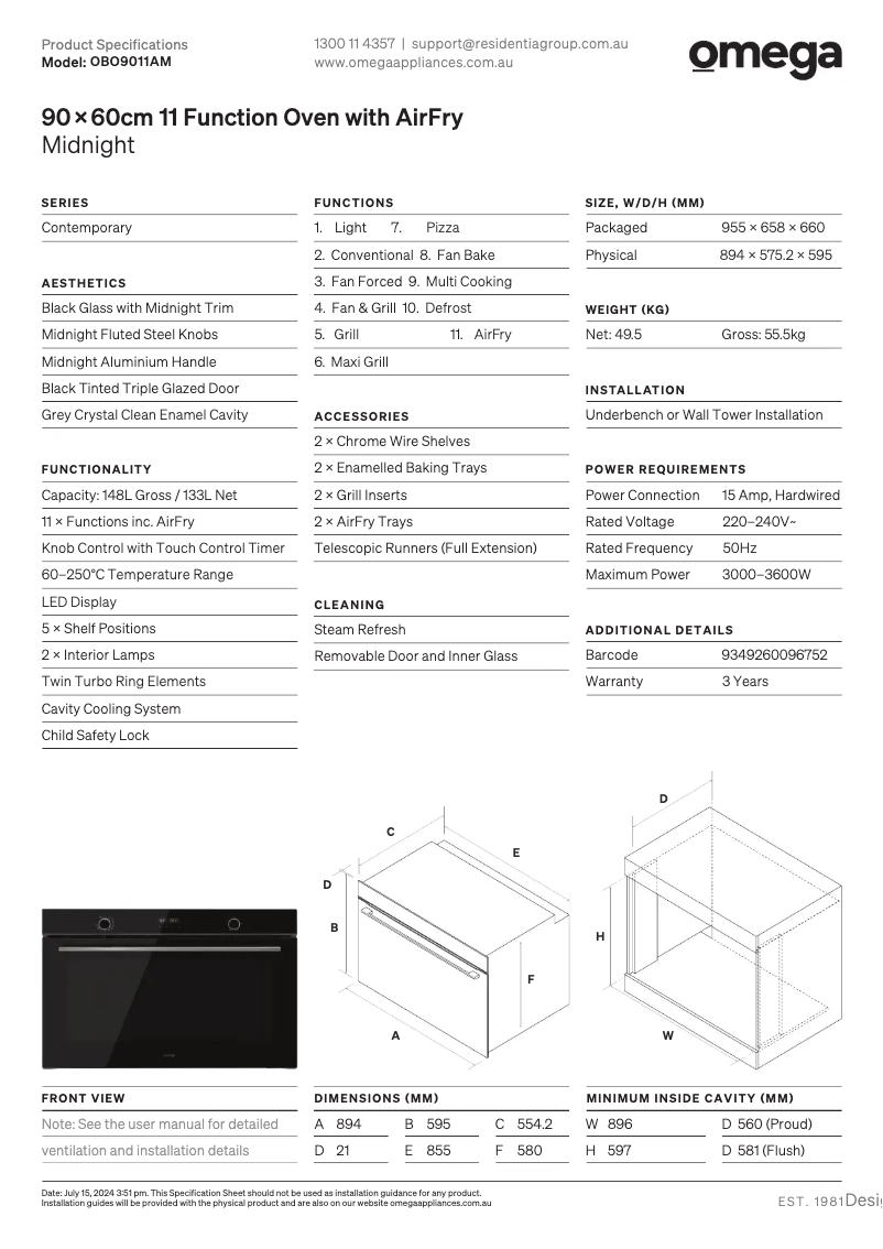Page n°1 - Fiche technique Omega OBO9011AM
