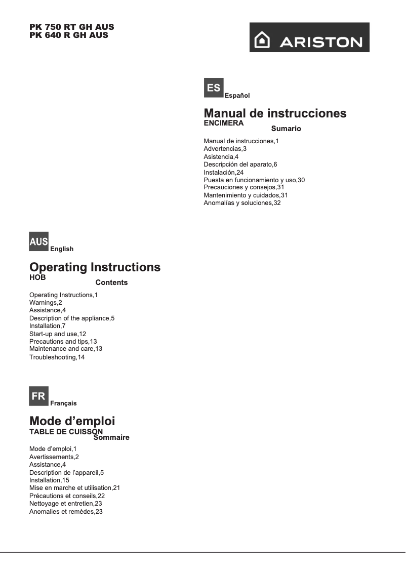 Page 1 de la notice Manuel utilisateur Ariston Thermo PK640RGH