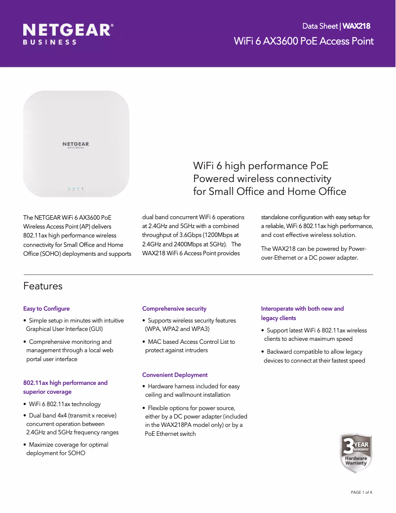 Page 1 de la notice Fiche technique Netgear WAX218