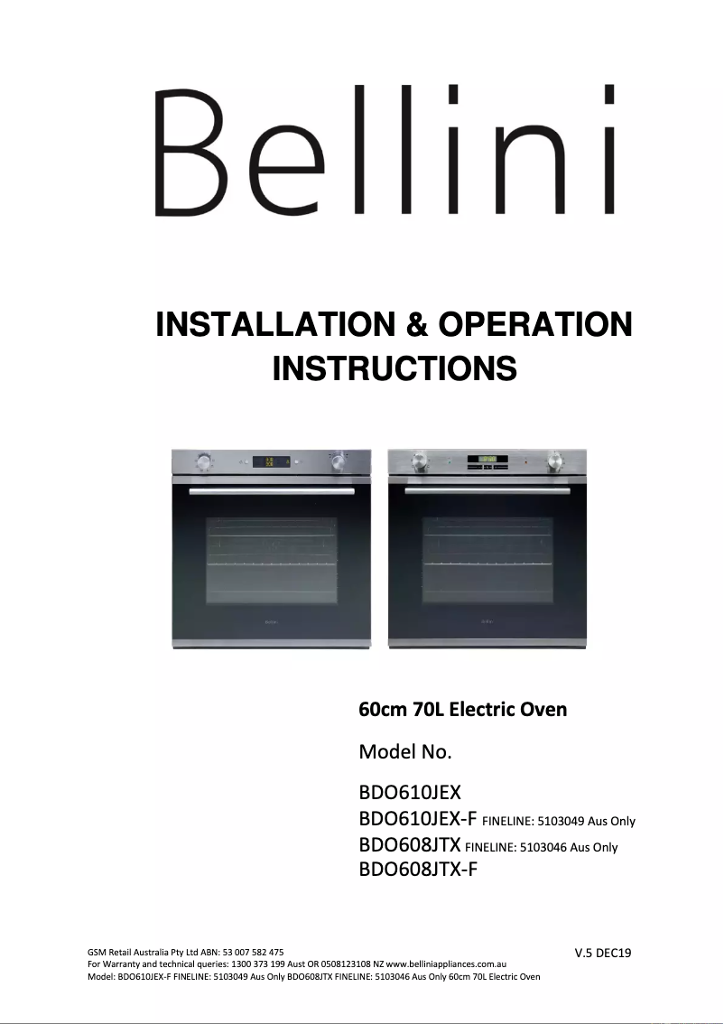 Page 1 de la notice Manuel utilisateur Bellini BDO610TCX