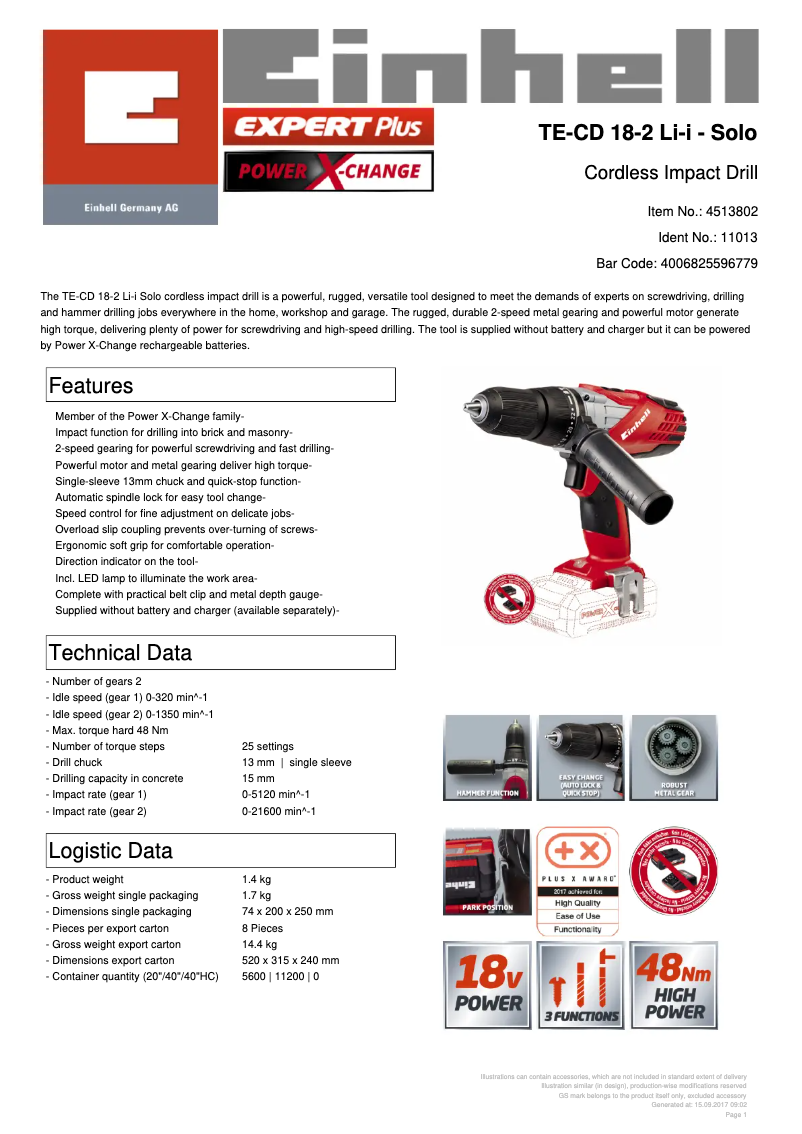 Page 1 de la notice Fiche technique Einhell TE-CD 18-2 Li-i-Solo