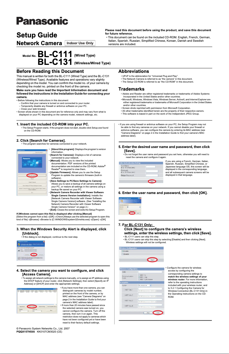 Page 1 de la notice Manuel utilisateur Panasonic BL-C131