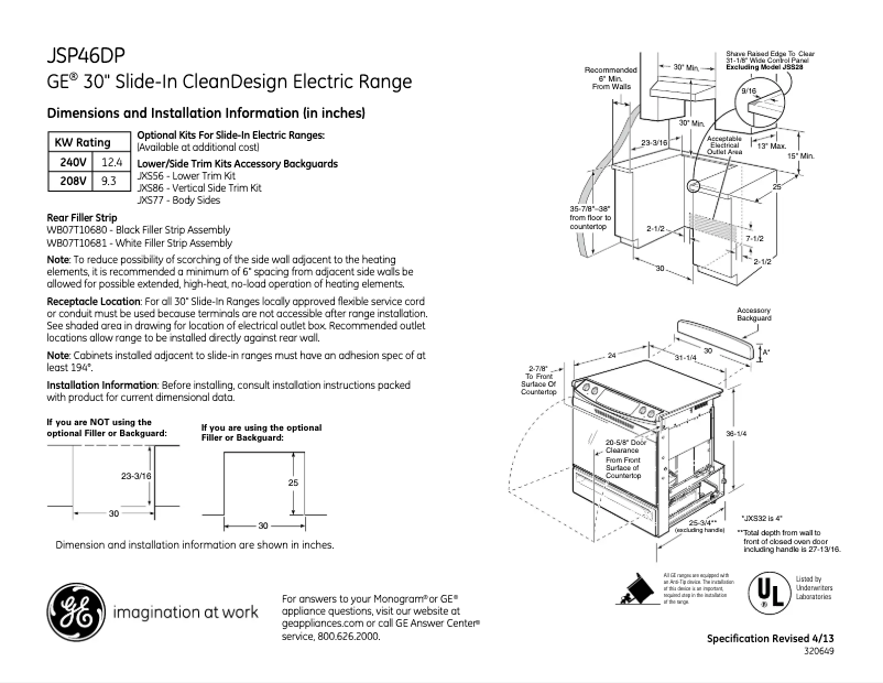 Page n°1 - Fiche technique GE JSP46DPBB