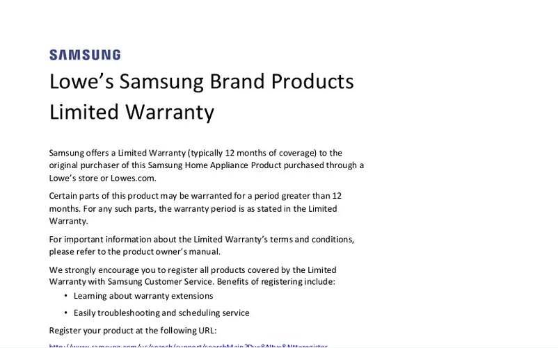 Page 1 de la notice Informations de garantie Samsung WA45T3400AP