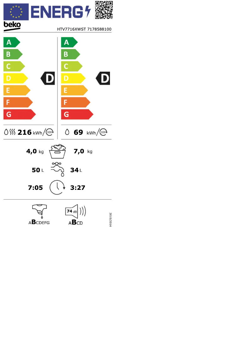 Page n°1 - Label énergétique Beko HTV7716XWST