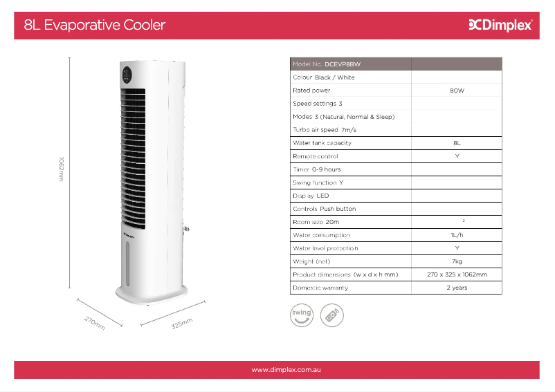 Page 1 de la notice Fiche technique Dimplex DCEVP8BW