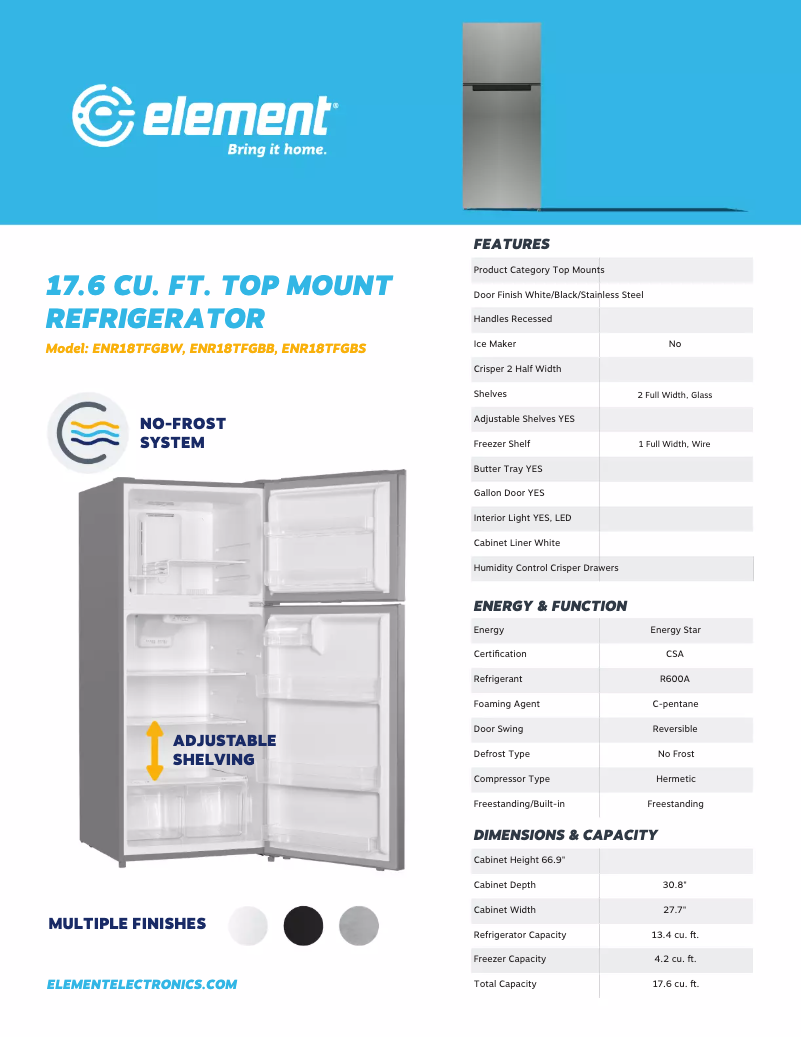 Page 1 de la notice Fiche technique Element ENR18TFGBW