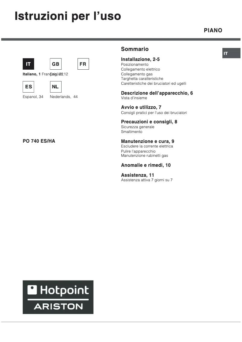 Page 1 de la notice Manuel utilisateur Hotpoint Ariston PO 740 ES (IX)/HA