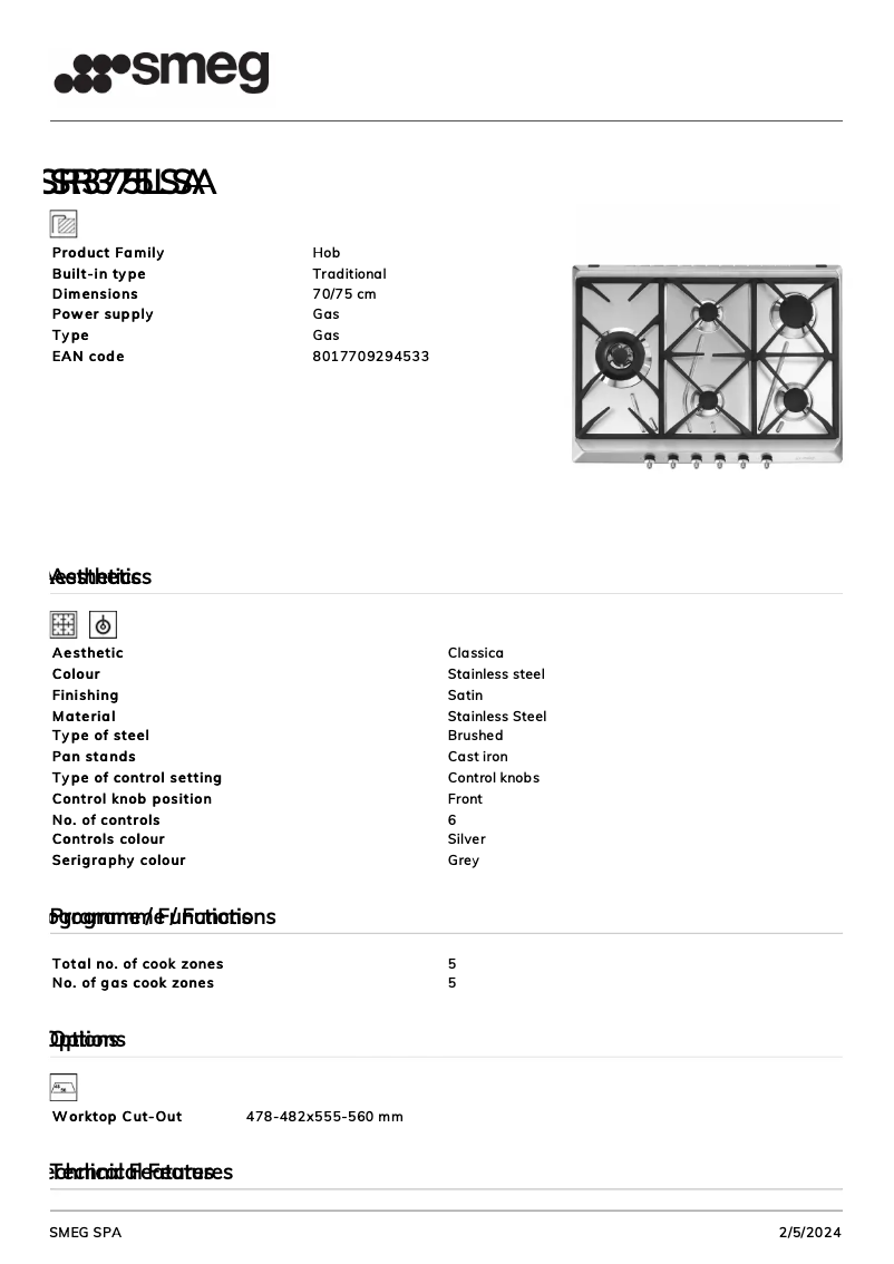 Page n°1 - Fiche technique Smeg SR375LSA