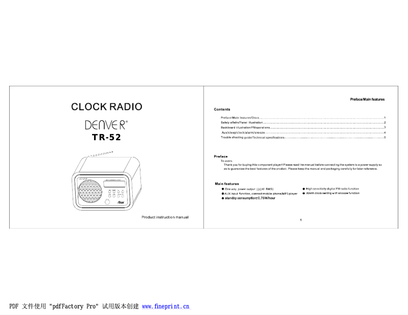Page 1 de la notice Manuel utilisateur Denver TR-52