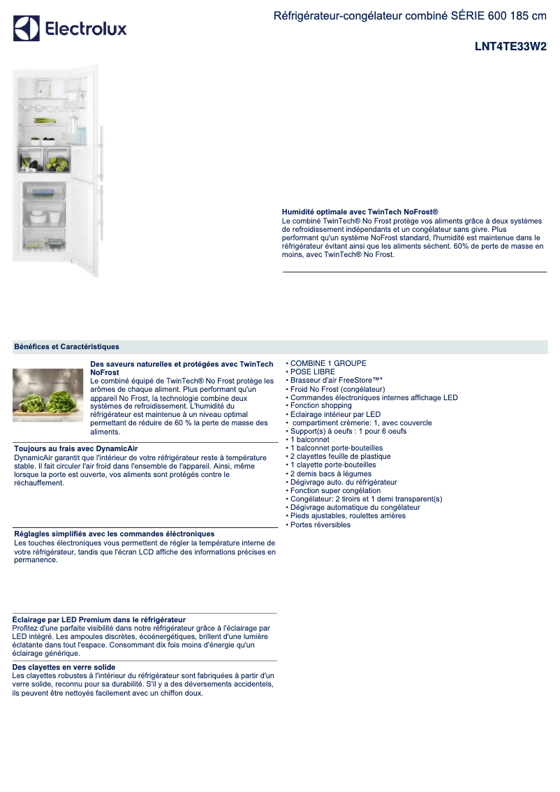 Page 1 de la notice Fiche technique Electrolux LNT4TE33W2