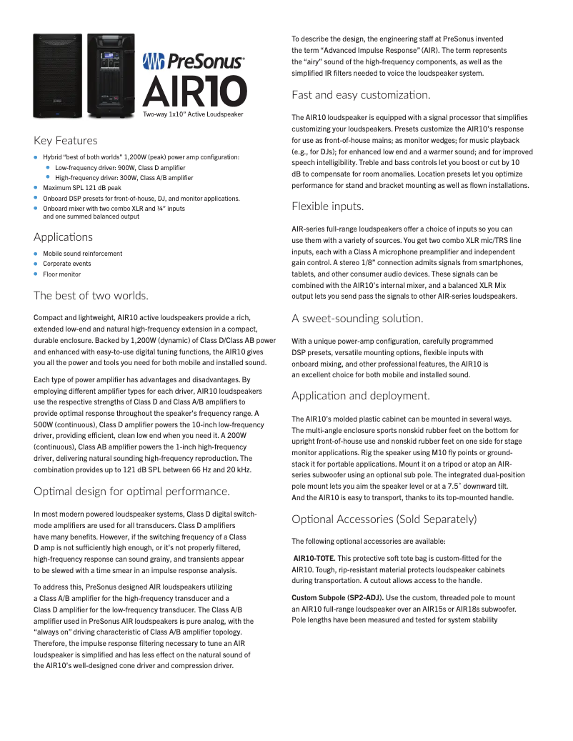 Page 1 de la notice Fiche technique PreSonus AIR10