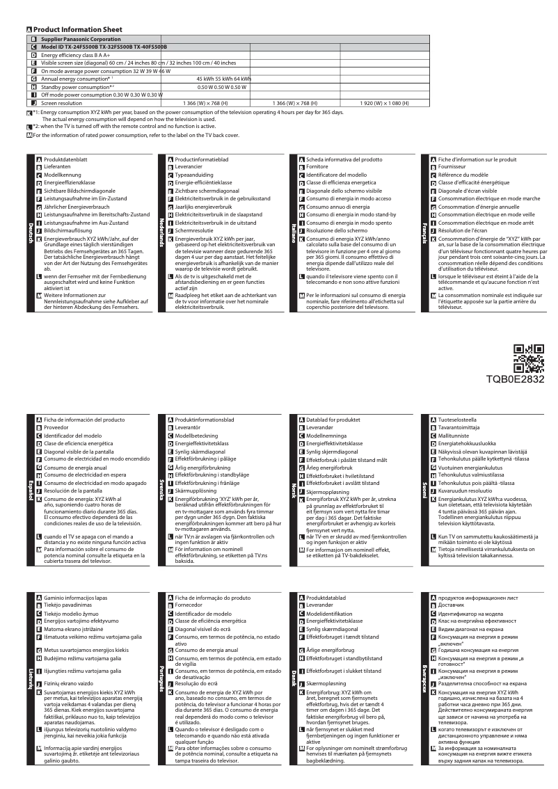 Page 1 de la notice Fiche technique Panasonic TX-40FS500B