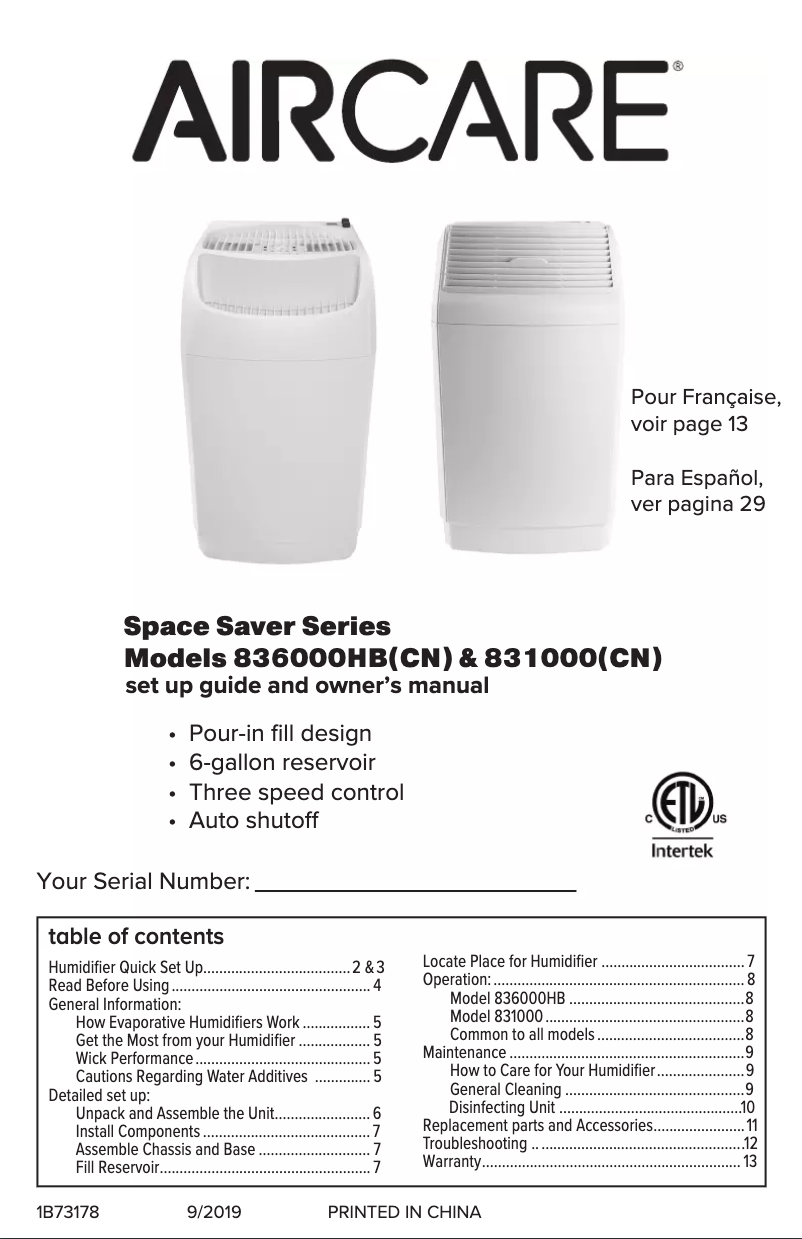 Página 1 del manual Manual de uso y mantenimiento AirCare 836000HB
