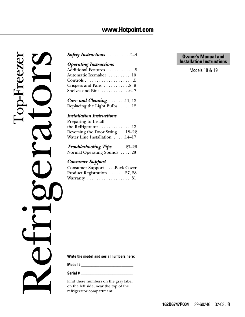Page 1 de la notice Manuel d'utilisation et d'entretien Hotpoint HTS18JBPWW