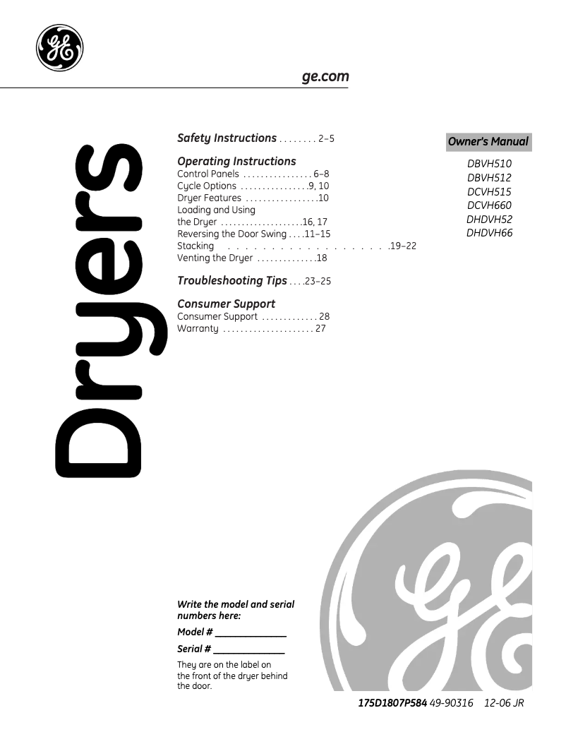 Page n°1 - Manuel d'utilisation et d'entretien GE DBVH512EFWW