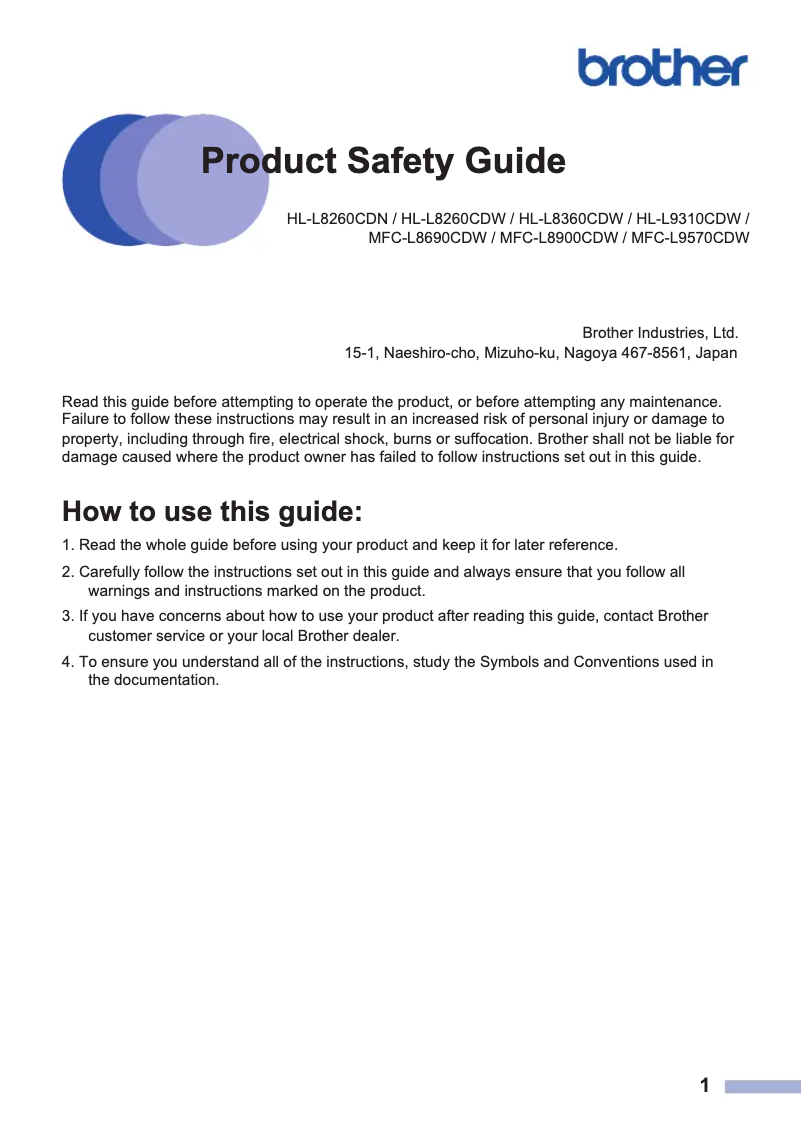 Page 1 de la notice Instructions de sécurité Brother MFC-L9570CDW