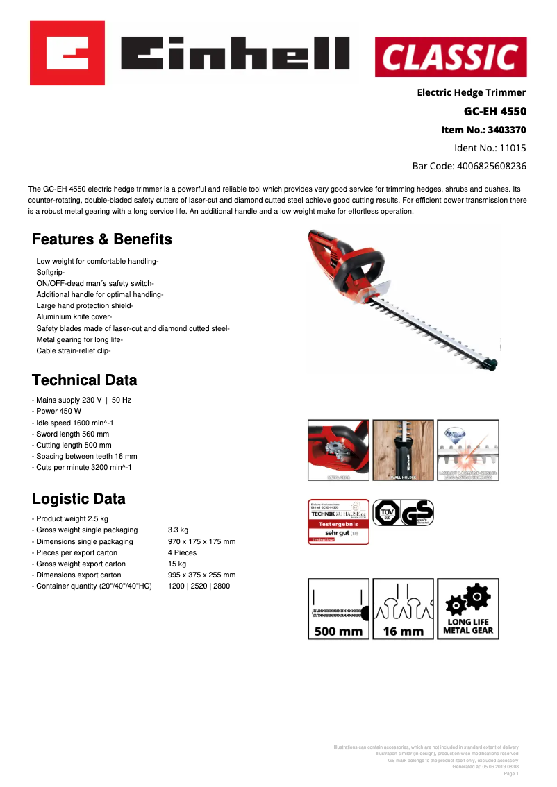 Page 1 de la notice Fiche technique Einhell GC-EH 4550