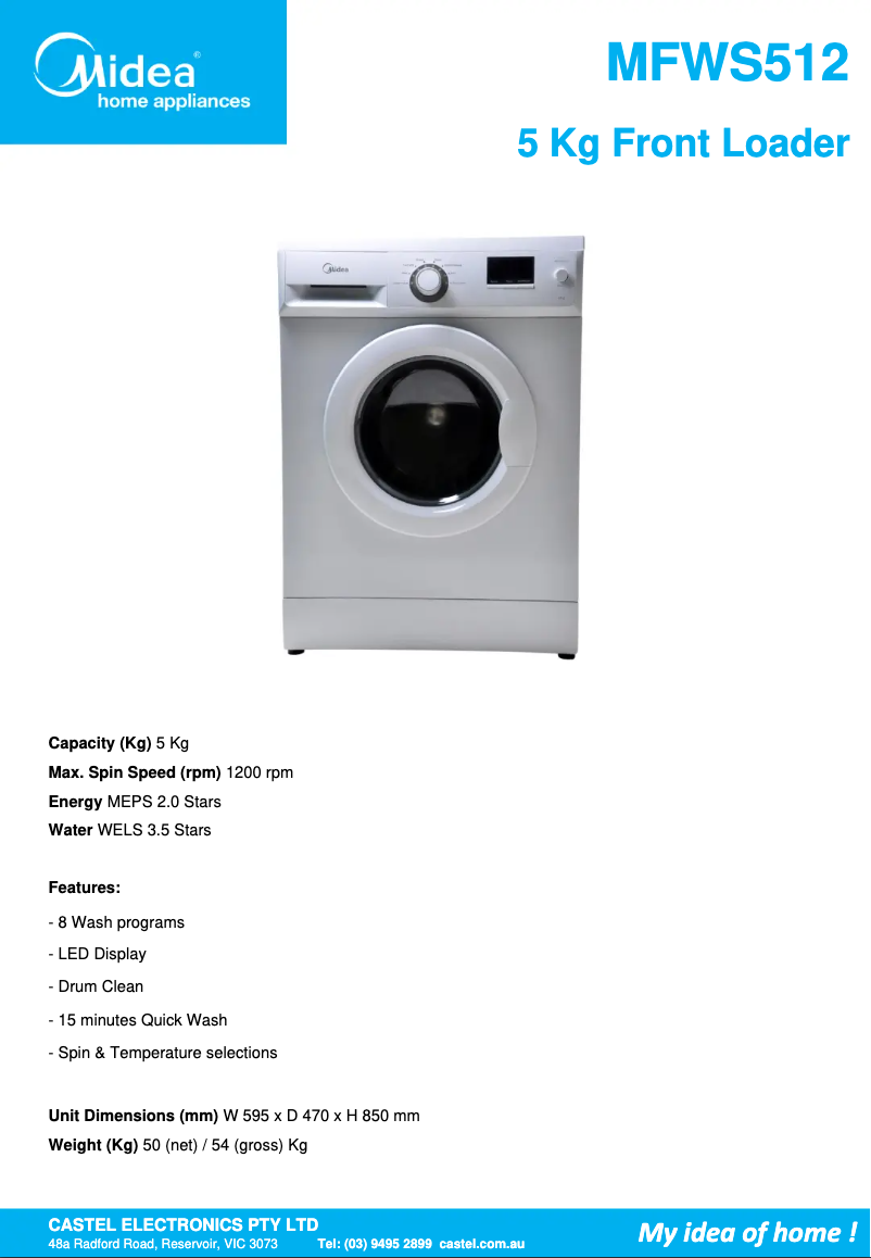 Page 1 of the manual Technical Sheet Midea MFWS512