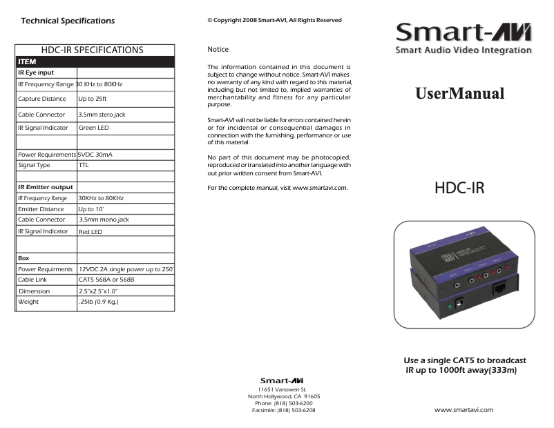 Page n°1 - Manuel utilisateur Smart-AVI HDC-IRS