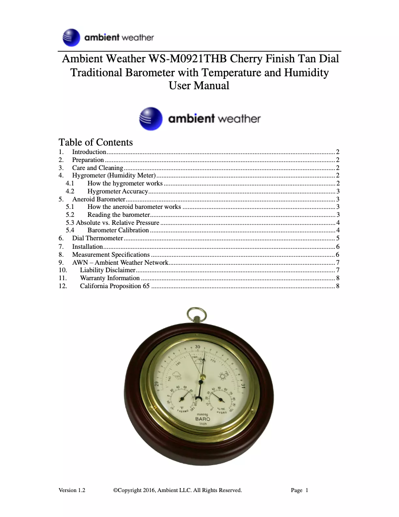 Page n°1 - Manuel utilisateur Ambient Weather WS-M0921THB