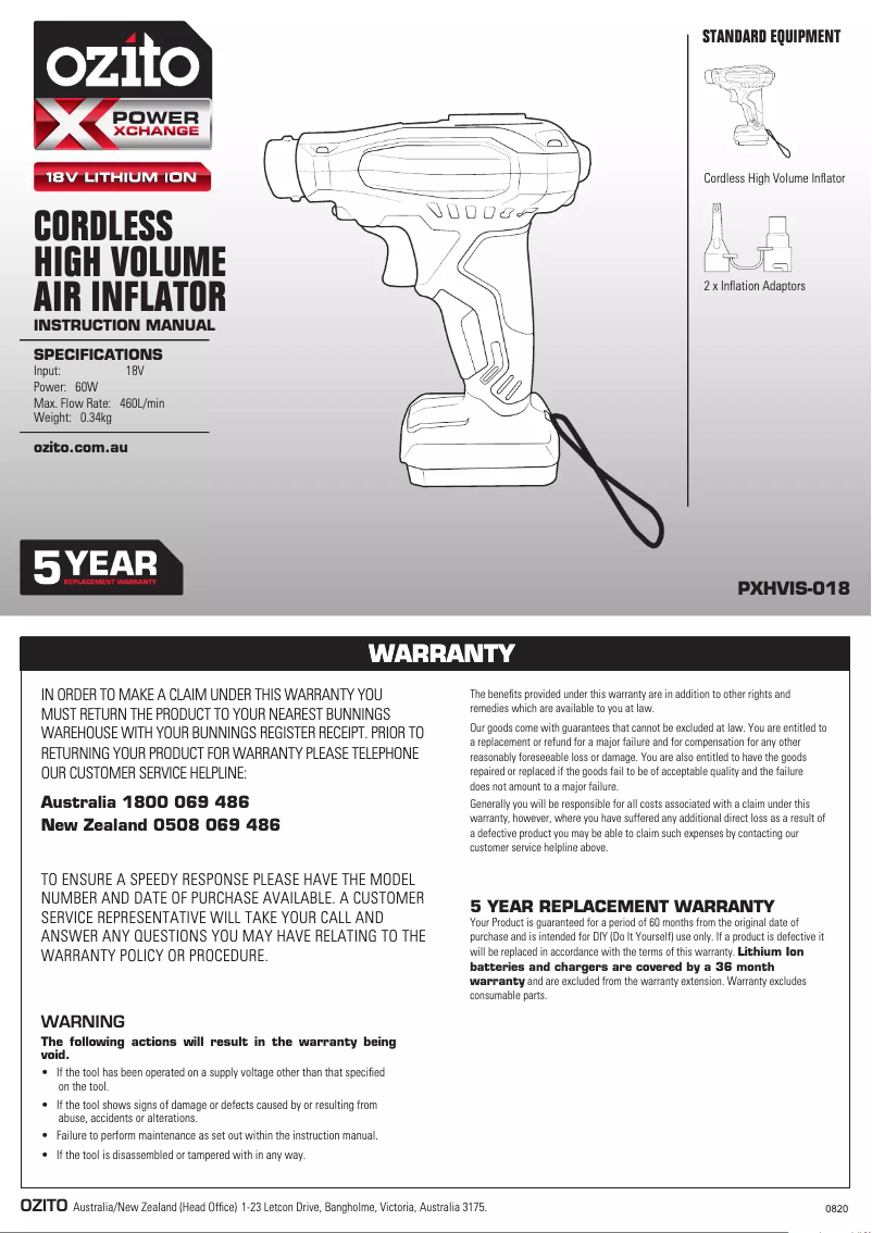 Page n°1 - Manuel utilisateur Ozito PXHVIS-018