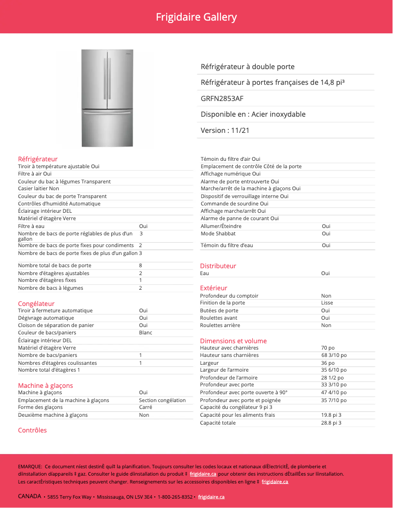 Page 1 de la notice Fiche technique Frigidaire GRFN2853AF