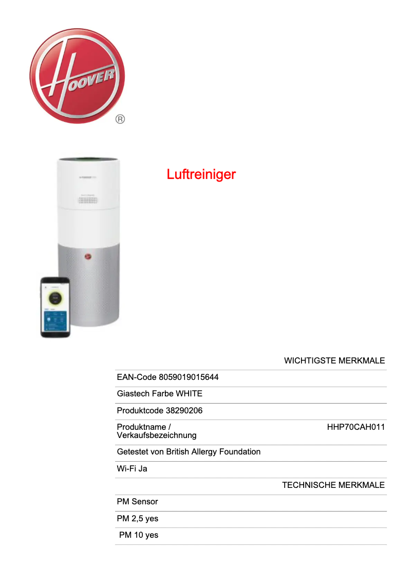 Página 1 del manual Ficha técnica Hoover H-PURIFIER 700